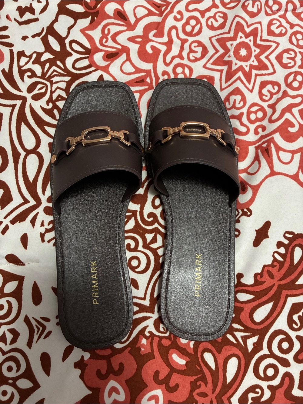 Primark Dark Brown Slide Mules with Gold Chain Accent